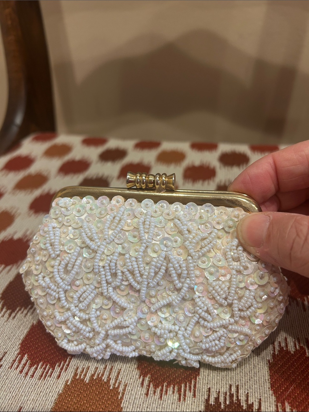 Vintage Safco White Iridescent Beaded Small Coin Purse with Gold Frame